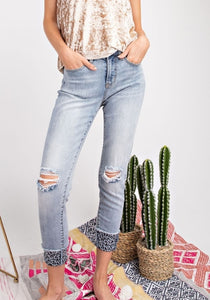 Denim with leopard hem