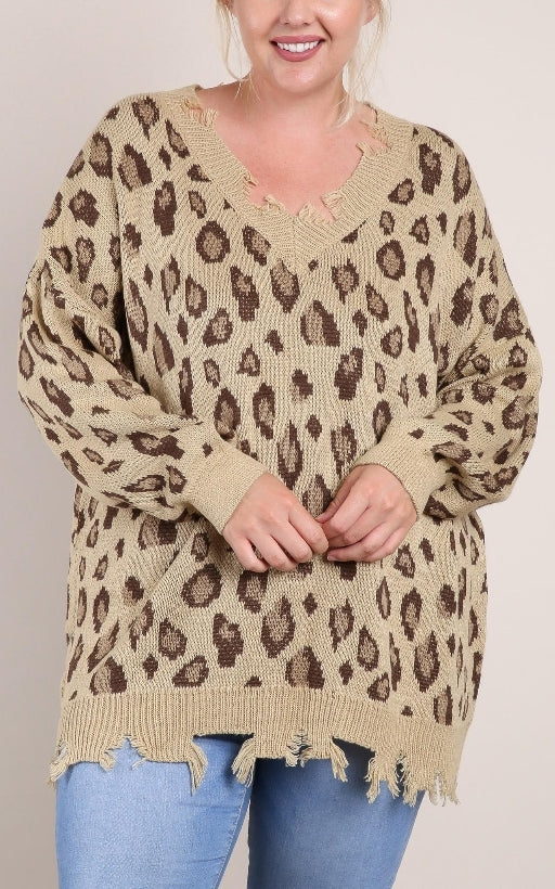Distressed cheetah sweater plus size