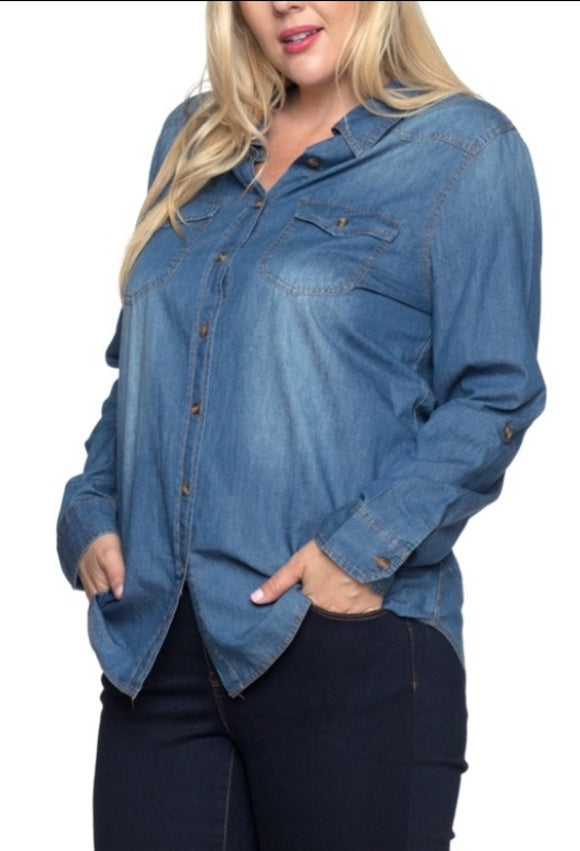 Denim chambray plus size shirt